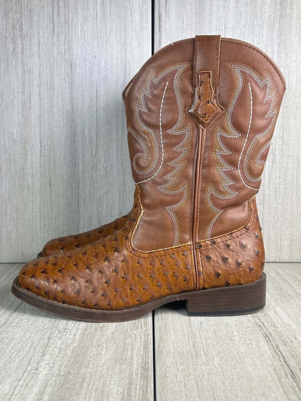 Roper Brand Faux Ostrich Leather Broad Square Toe Cowboy Boot Mens Size 8.5